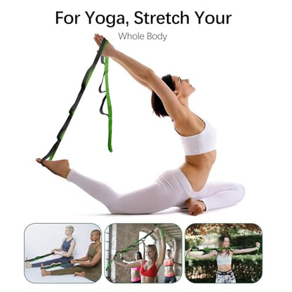 10 Loop Yoga Stretching Strap for Physical Therapy - Non-Elastic Exercise Band for Pilates, Yoga, Stretching for Women & Men - color: Green+Black