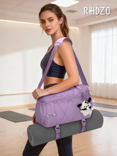 RHDZO Small Gym Bag for Women with Yoga Mat Holder and Wet Pocket, Purple | Mini Duffle Bag for Men, Yoga Bags with Barbell Pad Holder, Water Bottle Holder, Sports Travel Workout Dance, Luggage Strap - color: Purple