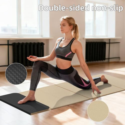 Foldable TPE Yoga Mat Thick 10mm,75" x40"Extra Large Exercise Mats | Stretch Mat Non-slip Fitness Folding Mat Easy to Carry,Wide Gym Mats for Women Men Suitable for Home Workout Travel Pilates - color: Beige