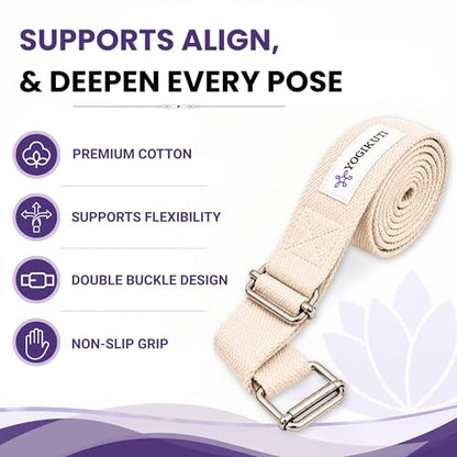 Yogikuti Double Buckle Yoga Strap - Adjustable Stretching Strap for Enhanced Flexibility in Yoga, Pilates, and Physical Therapy, Available in Various Colors and Lengths for All Fitness Levels - color: White