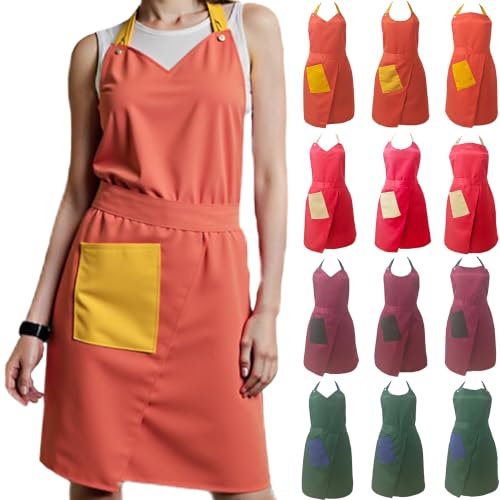 Kitchen Apron with Pockets for Adults,Waterproof Cooking Aprons for Women/Men,Baking/Grilling,Green/Orange/Wine Red - color: Orange, size: V-neck
