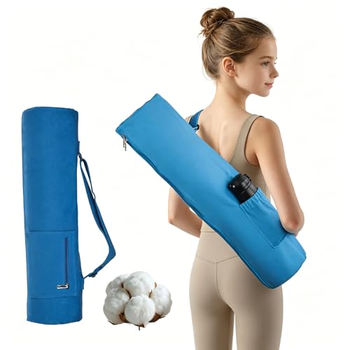 Cotton yoga mat bag with Pockets and Adjustable Strap - Full Zip Cargo Yoga Mat Carrier Bag - Bag for 1/4" 1/3" Thick Yoga Mat - color: Blue, size: L