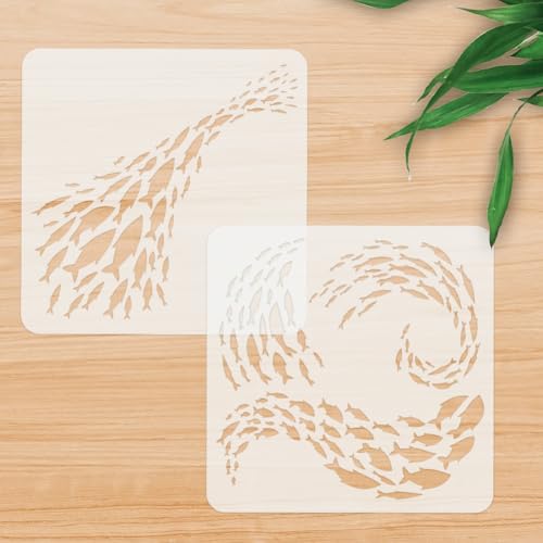 2 Pack School of Fish Ocean Animal Stencils for Painting 11.8 x 11.8 Inch Reusable Plastic Fish Sea Animal Stencils for Painting on Wall Wood Furniture Fabric Canvas, DIY Craft Stencil | 11.8" x 11.8" Plastic Craft Stencils, Fish Wall Stencils, DIY Home D