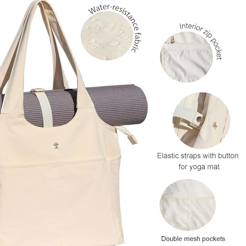 ESVAN Yoga Tote Bag Mat bag Women Shoulder Bags Carryall Tote for Travel Office Workout Gym Nurse Beach - color: Beige