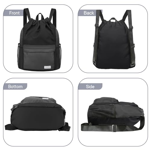 Waterproof Drawstring Backpack Sports Gym Sackpack with Mesh Pockets Water-Resistant String Cinch Beach Bag for Men Women - color: Solid - Black Gray