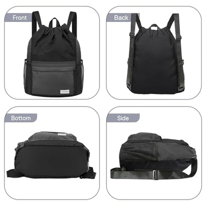 Waterproof Drawstring Backpack Sports Gym Sackpack with Mesh Pockets Water-Resistant String Cinch Beach Bag for Men Women - color: Solid - Black Gray