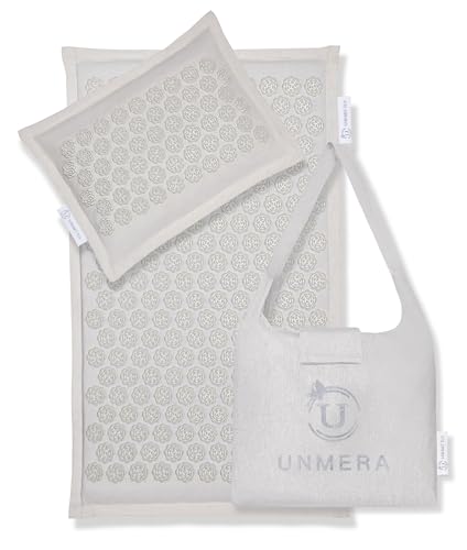 UNMERA Acupressure Mat and Pillow Set,Natural Linen & Coconut Fiber Filling | Back/Neck Pain Relief, Sciatic, Headache and Muscle Relaxation, Comes with Carrying Bag - color: Linen Grey