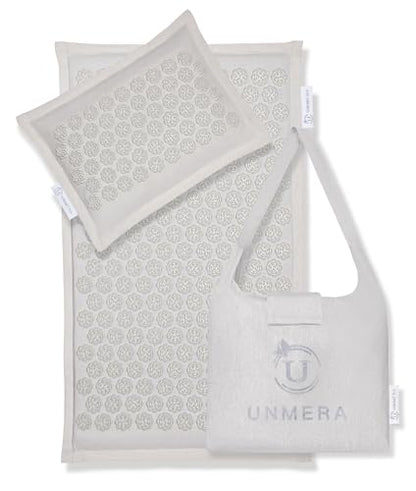 UNMERA Acupressure Mat and Pillow Set,Natural Linen & Coconut Fiber Filling | Back/Neck Pain Relief, Sciatic, Headache and Muscle Relaxation, Comes with Carrying Bag - color: Linen Grey