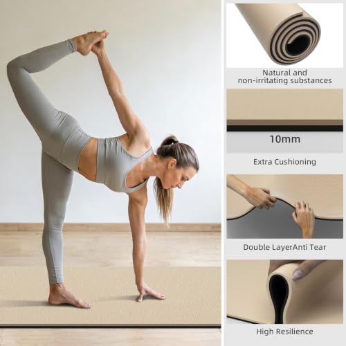 10mm0.4"TPE Yoga Mat Thick Wide Large for Home Workout Carrying Strap | Non Slip Exercise Mats Cushioned Joint-Friendly Stable,76"x28"Extra long Tapis Entrainement Au Sol Fitness,Pilates Gym Travel - color: beige