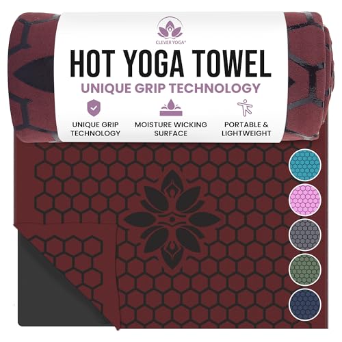 Clever Yoga Hot Yoga Mat Towel – Non-Slip Grip for Hot Yoga, Sweat Absorbent, Honeycomb Silicone Grip, Stays Flat – Ideal for Pilates, Travel, Washable & Lightweight - Burgundy - color: Burgundy