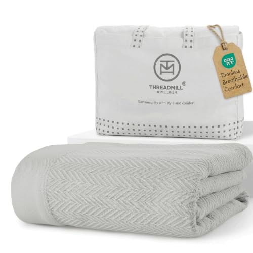 Threadmill Luxury Cotton Blankets for Twin Size Bed | All-Season 100% Cotton Twin Blanket for Bed | Herringbone Soft & Cozy Fall Thermal Blanket, 350GSM, 68x90 inches | Light Grey | All-Season Thermal Throw Blanket, Soft & Breathable, Cozy Moisture-Wickin