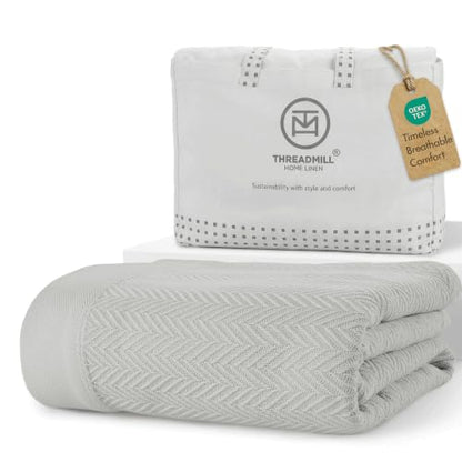Threadmill Luxury Cotton Blankets for King Size Bed | All-Season Cozy 100% Cotton King Size Blanket | Herringbone Soft Fall Thermal Blanket fits California King Size Bed | Light Grey | All-Season Thermal Blanket, Soft & Breathable, Cozy Moisture-Wicking,