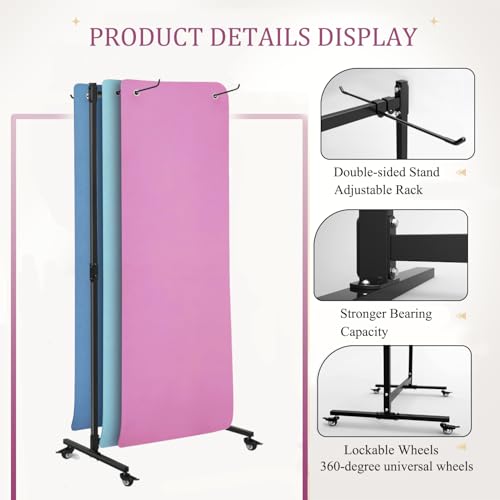 Yoga Mat Holder Hanging, Metal Double Sided Yoga Mats Storage Cart on Wheels, Floor Standing Pilates Mat Rack for Home Gym, Exercise, Yoga Studio, with Punching Tool(Black)