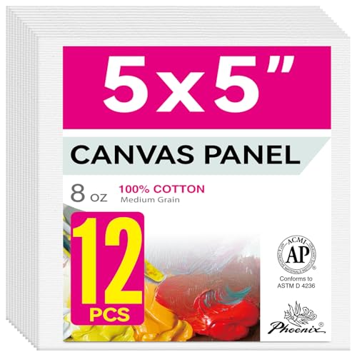 PHOENIX Small Painting Canvas Panels 5x5 Inch, 12 Value Pack - 8 Oz Triple Primed 100% Cotton Acid Free Square Canvas Boards for Painting, White Blank Flat Canvas Boards for Acrylic, Oil Paints - color: White, size: 5" x 5"