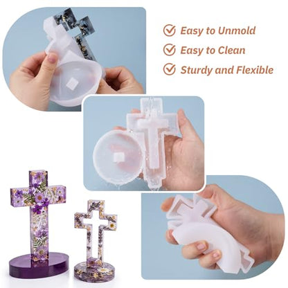 Cross Resin Mold Set with Base, Silicone Standing Cross Molds and Cross Pendant Necklace Molds, DIY Epoxy Resin Mold Kit with 5 Black Cords and 5 Jump Rings for Resin, Soap, Wax, Plaster Crafts