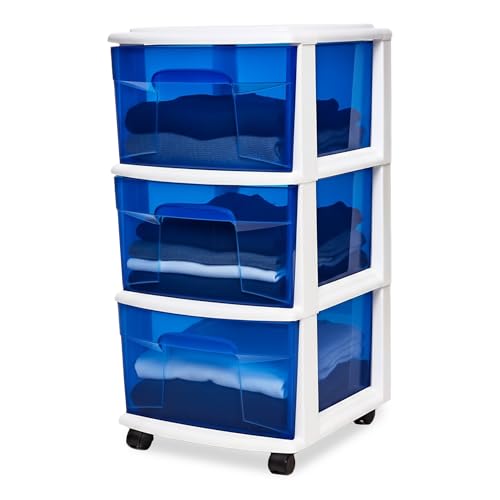 HOMZ Drawer Tower, 3-Tier Storage Cart with Removable Wheels, White Frame | Wide Plastic Organizer with Clear Bin Drawers for Bedroom, Bathroom, Home Office, and Dorm Rooms - color: White Frame/Blue Drawers, size: 1 Pack