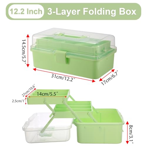 BTSKY 3-Layer Foldable Craft Organizer, Portable Tackle Box with Handle & Adjustable Dividers, Multi-Purpose Toolbox for Art Supplies, Sewing, Medicine, 12.2x6.7x5.7 Inch, Light Green - color: Light Green