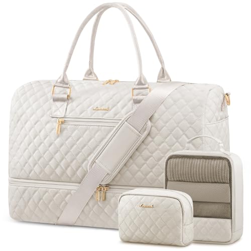 LOVEVOOK Travel Duffle Bag for Women, Weekender Overnight Bag with Shoe Compartment, Carry on Bag with Toiletry Bag, Gym Duffel Bag with Wet Pocket, Hospital Bags for Labor and Delivery 3 Pcs Set - color: Beige, size: Large