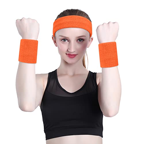 ONUPGO Sweatband Set Sports Headband Wristband Set Sweatbands Terry Cloth Wristband Wrist Sweatband Headbands Moisture Wicking Sweat Absorbing Head Band - color: Orange