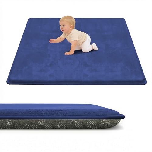 ACOMOPACK 1.3" Thick Baby Play Mat for Floor 50x50"-Memory Foam Water-Repellent Playpen Mat for Tummy Time,Non-Slip Soft Velvet Nursery Rug for Kids,Toddlers,Infants Crawling（Blue） - color: Blue, size: 50"×50"