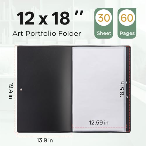 Nicpro 12x18 Art Portfolio Folder, 30 Pockets Art Painting Portfolio Binder | Display 60 Pages, Clear Plastic Sleeves, Presentation Storage Book for Artists Artwork Drawing, Black - size: 12"x18"