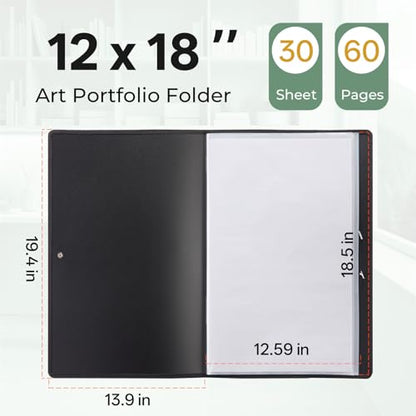 Nicpro 12x18 Art Portfolio Folder, 30 Pockets Art Painting Portfolio Binder | Display 60 Pages, Clear Plastic Sleeves, Presentation Storage Book for Artists Artwork Drawing, Black - size: 12"x18"