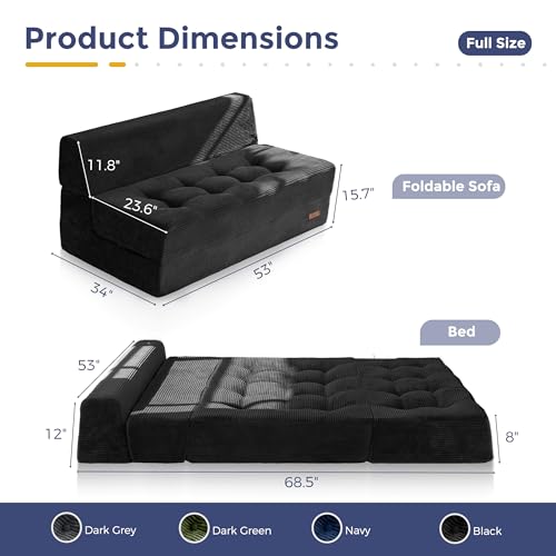 MAXYOYO Folding Sofa Bed, 8-Inch Fold-Out Chair Bed, Single | 2-in-1 Convertible Floor Sofa Couch, High-Density Foam Tufted Lounge Couch for Living Room Bedroom Dorm, Black - color: Black, size: Loveseat