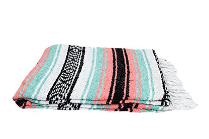 Open Road Goods Multi Color Mexican Falsa Blanket - Handwoven in Mexico - Great for The Beach, Picnics, Yoga, or a Throw! (Mint/Peach) - color: Mint/Peach