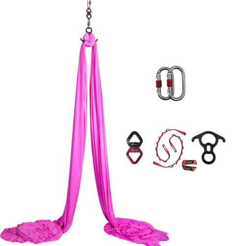 Durable Aerial Silks Starter Kit with 11-Yard Yoga Hammock & Hardware | Aerial Swing for Acrobatic Flying Yoga & All Levels, Aerial Rigging Point up to 14ft, Durable, Safe - color: Pink