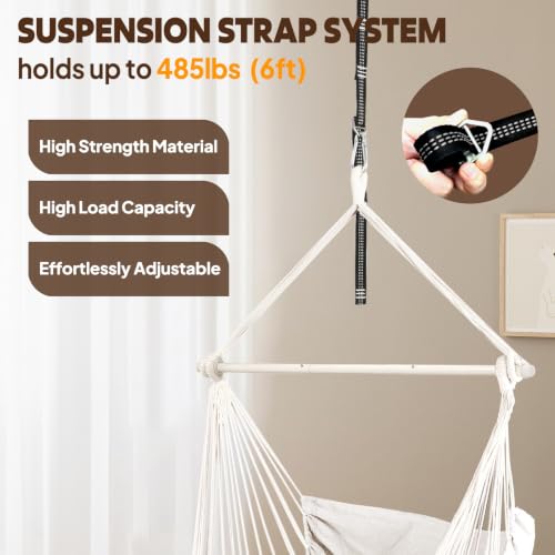 Chihee Hammock Chair Foot Rest 2 Cushions Max 485 lbs Metal Spreader Bar | Robust Hanging Chair Soft Cotton Blended Swing Collapsible Easy Storage Strong Strap Iron Carabiner Pocket Indoor Outdoor - color: Creamy White