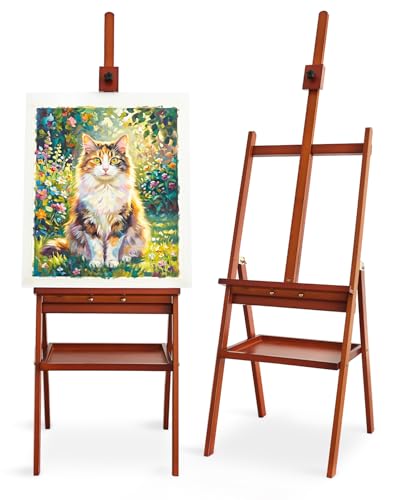 Painting Easel Stand with Storage Tray, 57"-72" Height Adjustable Art Easel | Non-foldable beech wood easel, H-frame artist easel stand for painting, Wooden floor easel holds canvas up to 36" - color: Walnut