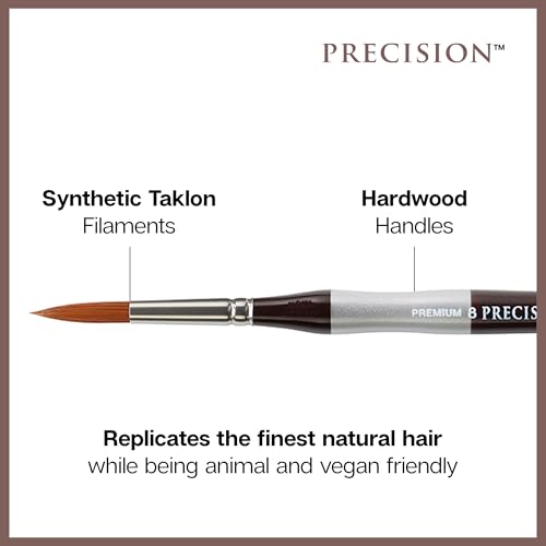 KINGART 1070C Premium 8 Pc. Precision Acrylic Artist Paint Brushes, Short Comfort Handle, Synthetic Taklon Hair for Acrylic, Oil, Watercolor and Gouache Paints, Set of 8