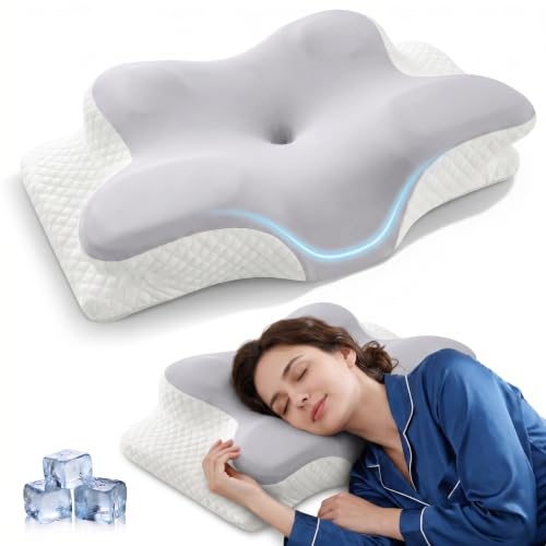 Cervical Pillow for Neck Pain Relief, Orthopedic Memory Foam Pillow with Cooling Cover, Contour Ergonomic Support for Side Back Stomach Sleepers (Grey) - color: Grey