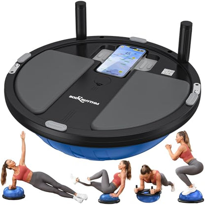 BODYRHYTHM 2 in 1 Balance Ball & Plank Board Trainer with Free iOS/Android App & 4 Free Games for Full Body Workout - Half Exercise Yoga Ball Trainer with 2 Bands & Pump for Strength Training - color: Blue