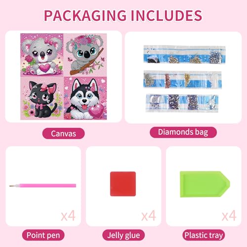 PERFECTSIGHT Cute 5D Diamond Art Kits, Kawaii DIY Painting Art for Adults Teen, 4 Pack Diamond Arts and Crafts Sets, Big Gem Full Drill Diamond Dots for Women (Pink Animal) - style: Pink Animal