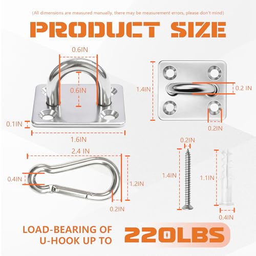4Pcs M6 304 Stainless Steel Heavy Duty Pad Eye Plates w/Snap Hooks | Rustproof 304 SS Pad Eye Plates w/ Hooks, Heavy Duty for Indoor Outdoor Use, Fits Hammock Swing Yoga Sling Ceiling Mount - size: 4pk M6