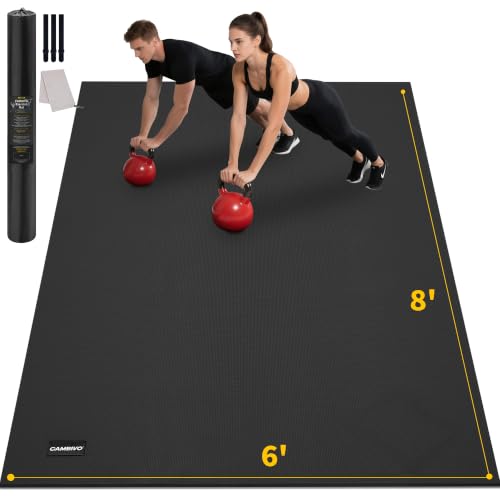 CAMBIVO 8'x6'/7'x5'/6'x4' Large Exercise Mat Workout Mat for Home Gym, 7mm | High-density PVC, cushioned surface, non-slip bottom, for jump rope and weights, floor protection, easy to store - color: 8'*6' Black