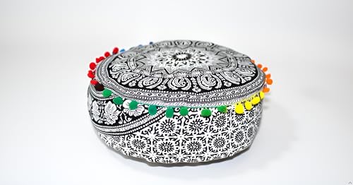 CRAFT KALA Black Elephant Flower Large Hippie Mandala Meditation Floor Ottoman Pillow Cushion Pouf Cover Square Poufs Bohemian Floor Cushion Case Outdoor Fireplace Living Room Decor Cover 18" Round - color: Black & White, size: 18"D x 18"W x 5"H