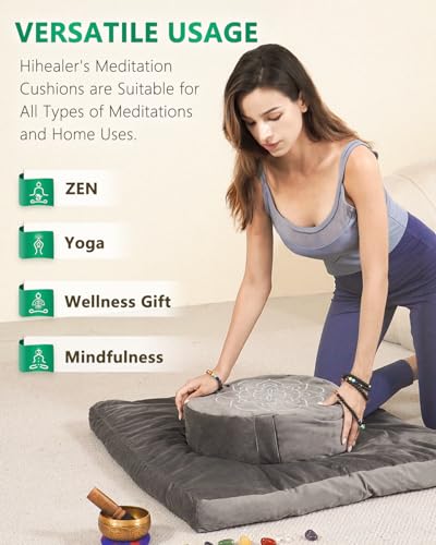 Hihealer Meditation Cushion, Traditional Tibetan Velvet Meditation Pillow | Buckwheat Yoga Bolster, Large Floor Cushion & Pillow for Adults, Zafu Zabuton Set, Zen Meditation Mat - color: Gray-c