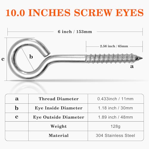 2Pcs Self Tapping Eyelet Screw Eye Bolt，6 Inch Heavy Duty Screw Eyes Hooks ，M10 Wooden Large Screw Eye Hook，Load Capacity 800 Lbs for Hammock ，Yoga，Heavy Indoor Outdoor Uses (2, M10-6 INCH) - size: M10-6 INCH