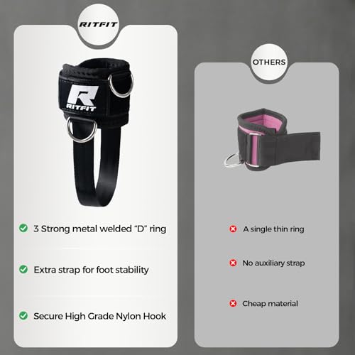 RitFit Kickback 발목 스트랩 패딩 발목 스트랩, 케이블 기계용, 강력한 후크 및 루프, 강화된 3 D링, 조절 가능한 편안한 핏 네오프렌 - 복근, 둔근 및 다리 운동을 향상시키는 프리미엄 발목 커프스 - color: 블랙.
