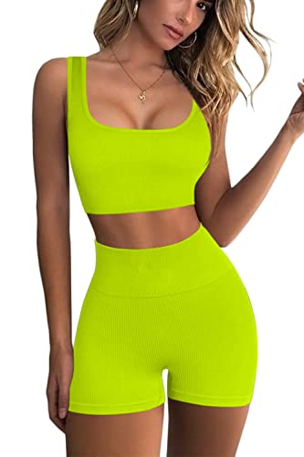 QINSEN Workout Sets for Women 2 Piece Seamless Ribbed Crop Tank High Waist Shorts Yoga Outfits - color: Bright Green, size: Small