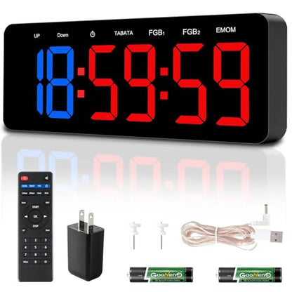 Multi-Mode Fitness Timer with Remote Control – 2-in-1 Digital Clock & Gym Timer for Tabata, EMOM, Countdown, Stopwatch, FGB – Customizable Workout Cycles with 10 Presets & 3 Mounting Options - color: Blue Red