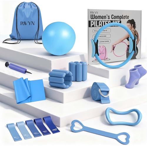 Pilates Kit for Women – 16 Pcs Home Pilates Equipment Set with Magic Circle Ring, Ball, 5 Resistance Bands, Yoga Strap, Ankle Weights, Grip Socks & More | Pilates Starter Kit - color: Blue
