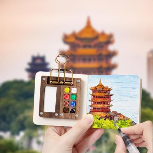 Mini Travel Watercolor Set – 12 Colors Portable Pocket Painting Kit with Wooden Palette, Magnetic Lid, Water Brush, Sketchbook & Clips – Compact Art Supplies for Artists & Hobbyists (Walnut-8 Grids) - color: Walnut-8 Grids