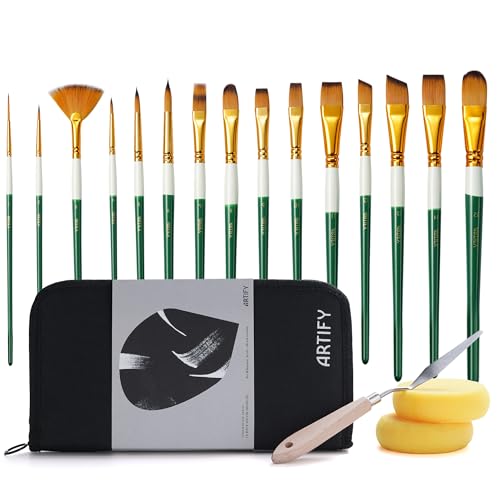 18 Piece Paint Brush Set, ARTIFY 15 Acrylic Paint Brushes, Palette Knife, and 2 Sponges, Professional Artist Paint Brushes for Acrylics, Watercolors, Gouache, Canvas, and Face Painting, Green - color: Green, size: 18 Pcs