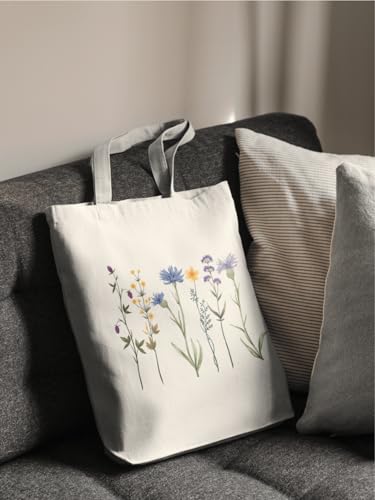 Aesthetic Canvas Tote Bag for Women with Inner Pocket - color: Flower-blue