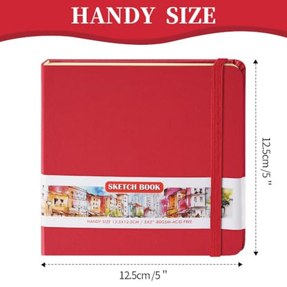 5x5 Pocket Sketch Book,80gsm Hardcover Art Sketchbook for Drawing Journal | PU Cover,Blank Paper,96Sheets/192Pages,Lay-Flat,Portable Travel Creation Paint Diary Memo Planner,Dry Media.Red - color: PU Cover-5x5in-Red