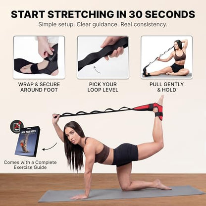 DMoose Fitness Foot & Calf Stretcher with Adjustable Padded Stretching Strap for Plantar Fasciitis, Hamstring, Heel Spurs and Achilles Tendonitis Relief - Yoga Leg Stretch Strap for Flexibility - color: Red