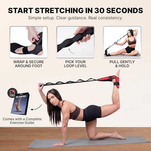 DMoose Fitness Foot & Calf Stretcher with Adjustable Padded Stretching Strap for Plantar Fasciitis, Hamstring, Heel Spurs and Achilles Tendonitis Relief - Yoga Leg Stretch Strap for Flexibility - color: Red